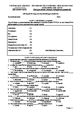 Đề khảo sát đội tuyển học sinh giỏi môn Tiếng Anh Lớp 10 - Năm học 2014-2015 - Trường THPT Liên Sơn (Có đáp án)